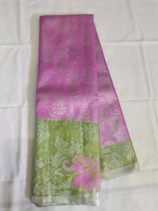 Pink Semi Pattu Saree with Green Border & Silver Zari Elephant Design
