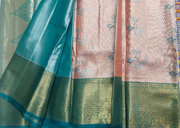Peach Parrot Design Semi Pattu Saree