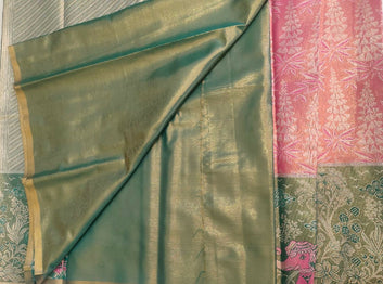 Pink Elephant Design and green border Semi Pattu Saree