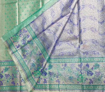 Green & Lavender Parrot Design Semi Pattu Saree with Silver Zari