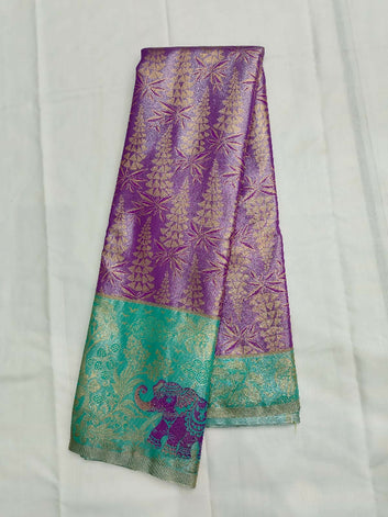 Mint Green & Purple Semi-Silk Saree with Elephant Motifs