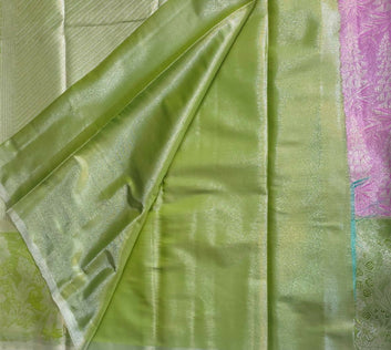 Pink Semi Pattu Saree with Green Border & Silver Zari Elephant Design