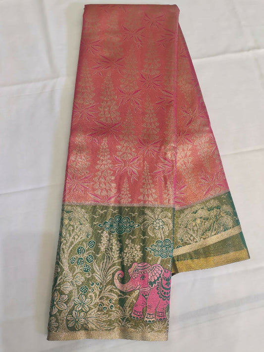 Pink Elephant Design and green border Semi Pattu Saree