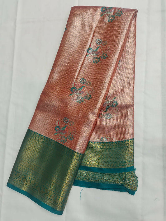 Peach Parrot Design Semi Pattu Saree