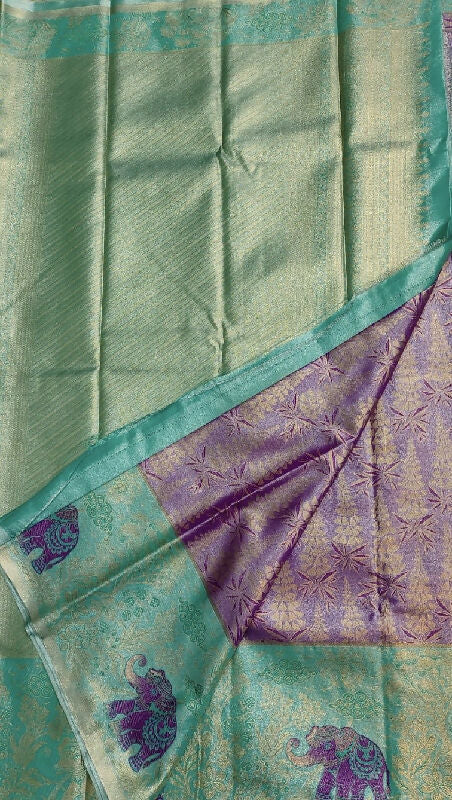 Mint Green & Purple Semi-Silk Saree with Elephant Motifs