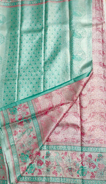 Pink with Light Green Parrot Design Border semi silk Saree
