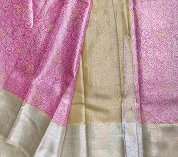 Pink Semi Pattu Saree with Silver Border & Gold-Silver Zari Paisley Design